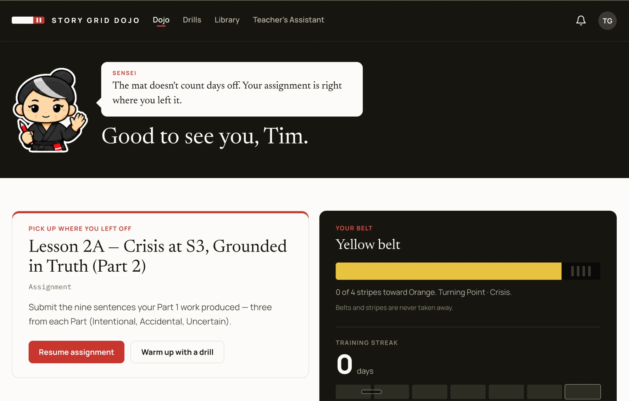 The Story Grid Dojo dashboard. The Sensei greets the student by name, a card offers to pick up the current assignment where they left off, and a panel shows their yellow belt, stripe progress toward orange, and training streak.