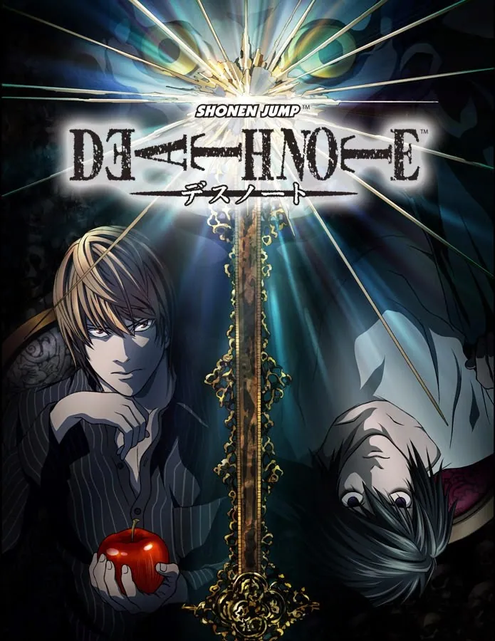 Promotional artwork for the anime Death Note. A young man in a dark pinstriped shirt holds a red apple at the left, a pale figure with wild dark hair lies inverted at the right, and a shaft of white light falls behind an ornate black notebook standing upright between them.