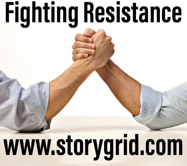 Title graphic 'Fighting Resistance — www.storygrid.com' over an arm-wrestling match between two people in dress shirts.