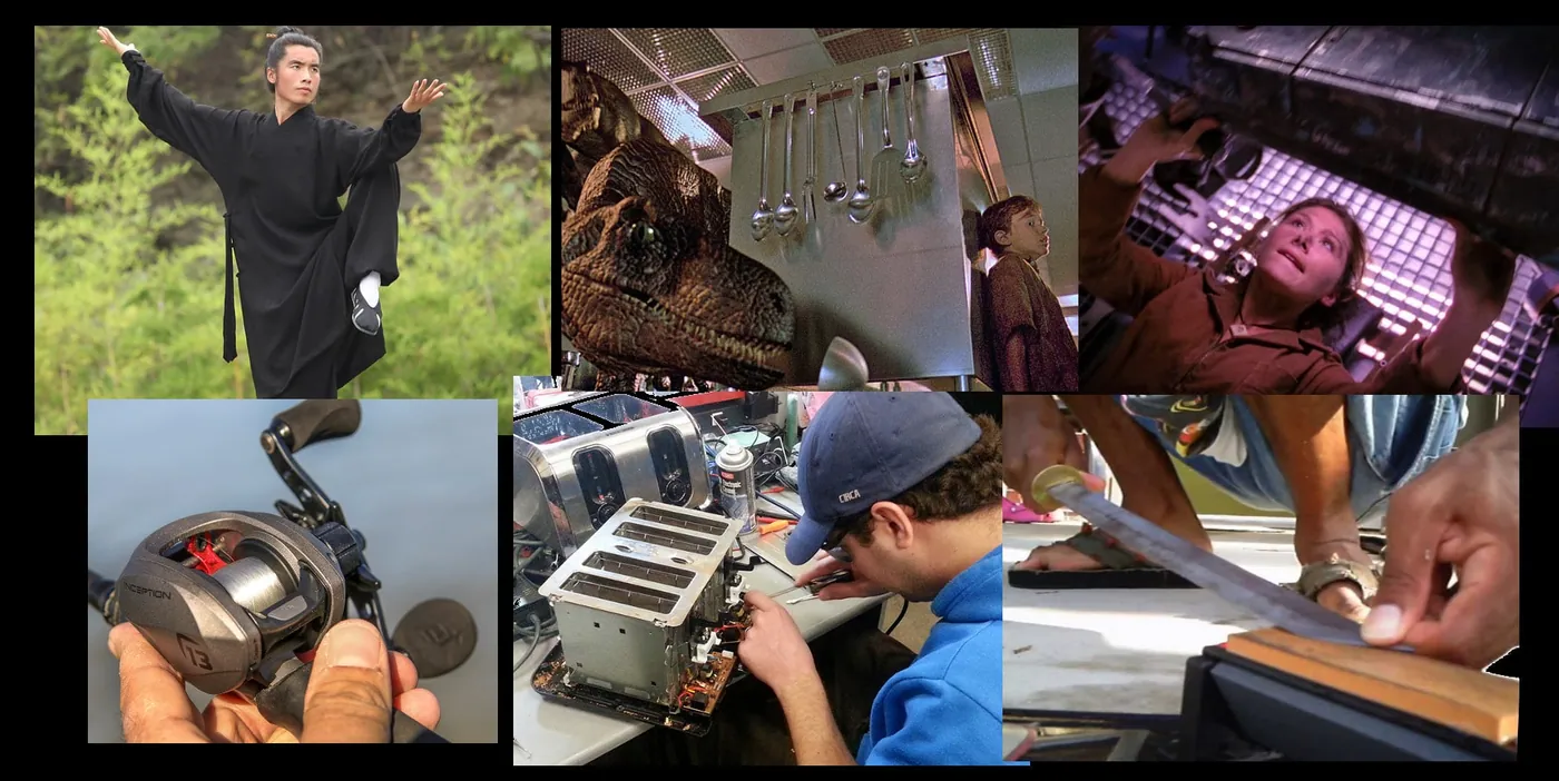 A grid of six photos illustrating skilled physical actions: a martial artist in a stance, a dinosaur eyeing a child hiding among hanging kitchen utensils, a person reaching into machinery, a hand holding a fishing reel, someone repairing an electronic device, and a blade being sharpened.