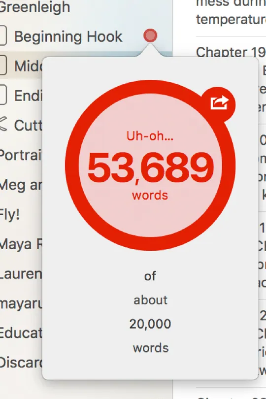 Scrivener word count showing the Beginning Hook at 53,689 words against a roughly 20,000-word target. "Uh-oh is right! That's a ridiculous beginning hook!"
