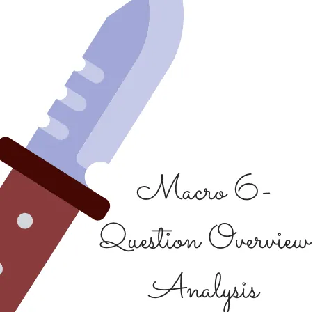Title graphic reading 'Macro 6-Question Overview Analysis' beside an illustrated knife, for the Knife of Never Letting Go analysis.