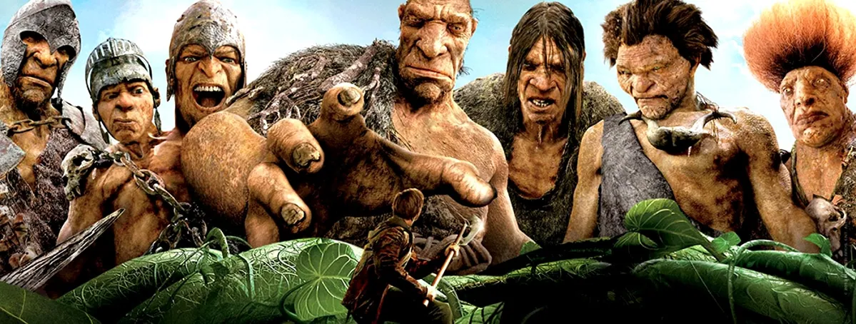 Film still from Jack the Giant Slayer: a row of towering giants looms over the small hero standing among giant leaves.