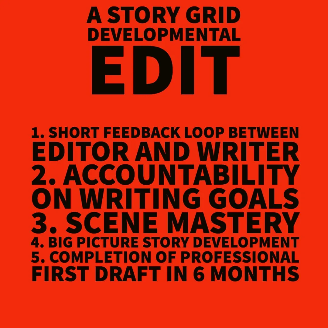 List of what a Story Grid Developmental Edit delivers: a short feedback loop between editor and writer, accountability on writing goals, scene mastery, big-picture story development, and a professional first draft within 6 months.