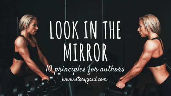 A woman looking at her own reflection in a mirror.