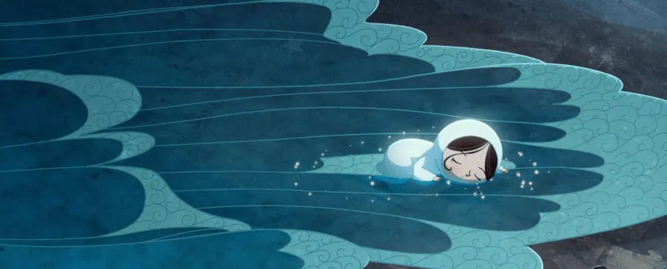 Animated still from Song of the Sea: Saoirse, wrapped in her white selkie coat, glides through swirling blue waves.