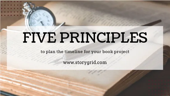 Title graphic "Five Principles to plan the timeline for your book project" over a photo of an open book and pocket watch.