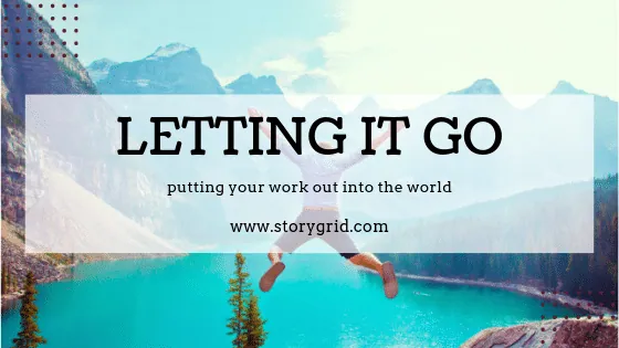 Title graphic "Letting It Go: putting your work out into the world" over a photo of a person leaping joyfully by a mountain lake.