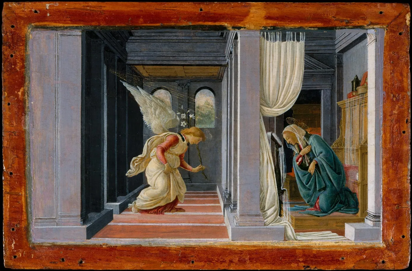The Annunciation by Botticelli: the angel Gabriel kneeling before the Virgin Mary in an ornate architectural setting.