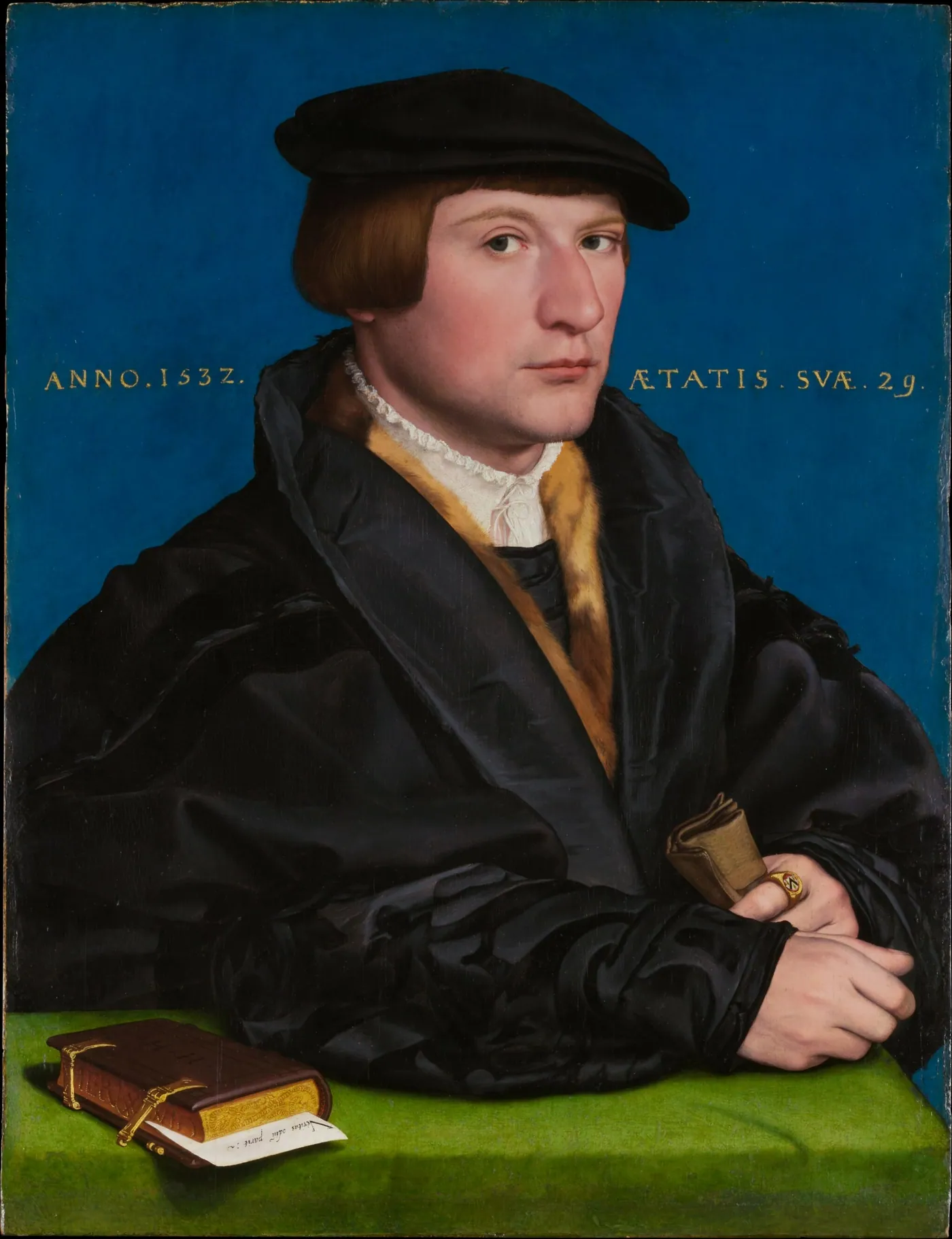 Hans Holbein the Younger's portrait of Hermann von Wedigh III, a man in black holding a folded note, dated 1532.