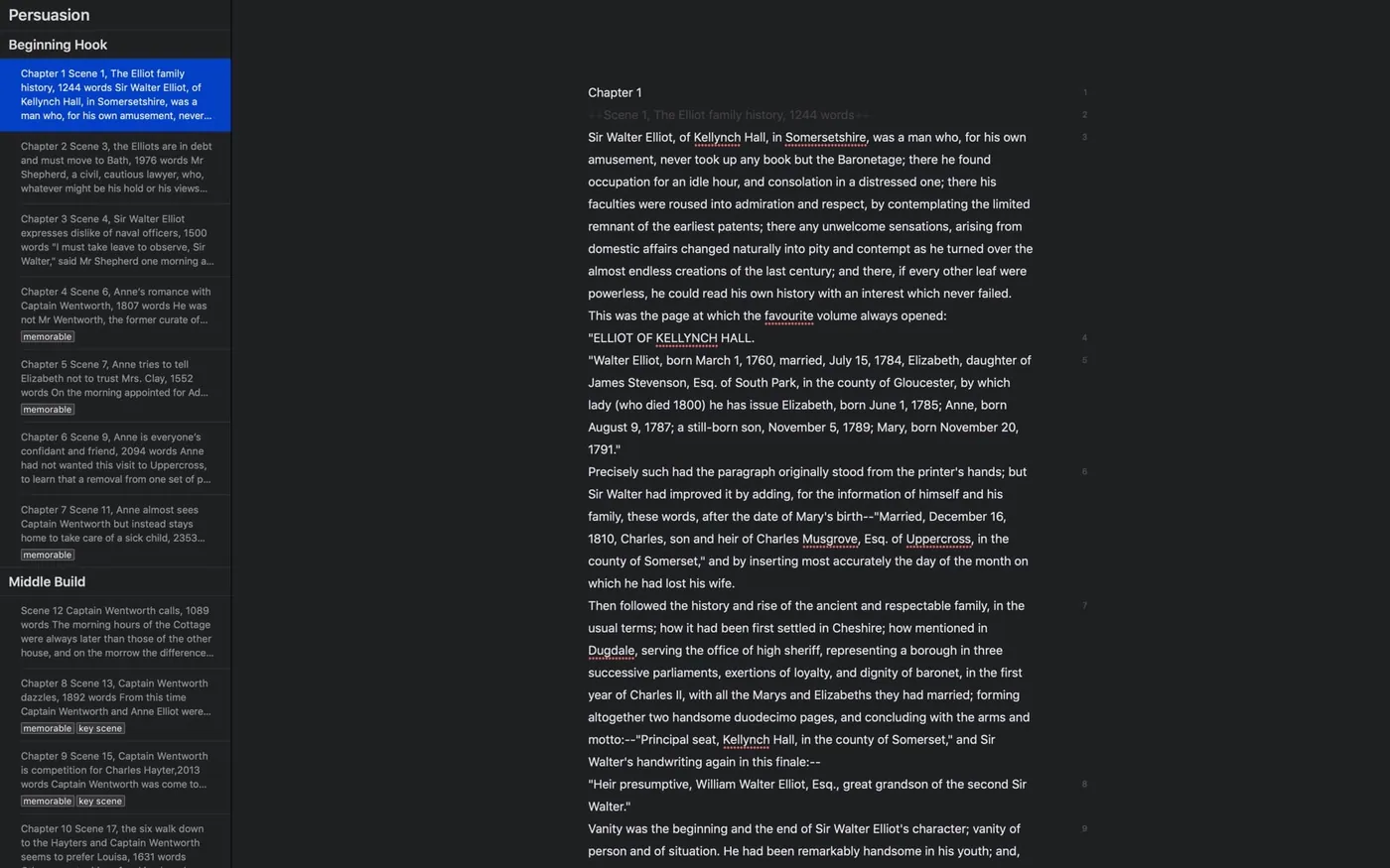A screenshot of Scrivener showing the full text of Persuasion broken into a numbered list of scenes in the sidebar outline.