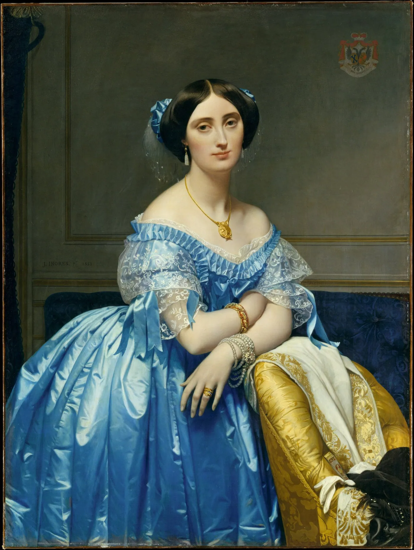 Ingres' portrait of the Princesse de Broglie, a woman in a blue satin gown seated with her arm resting on a chair back.