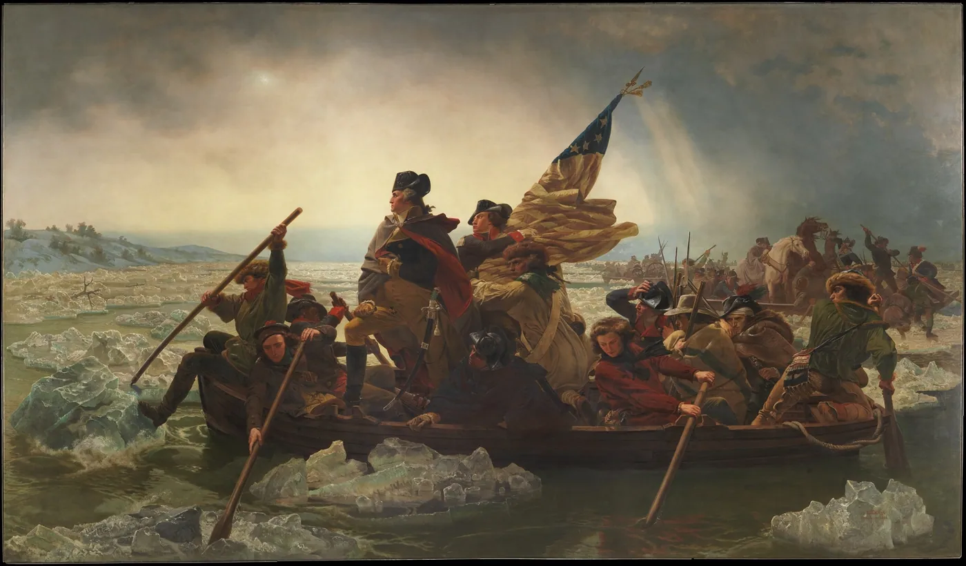 Washington Crossing the Delaware, Emanuel Leutze's painting of George Washington standing in a boat crowded with soldiers crossing an icy river.