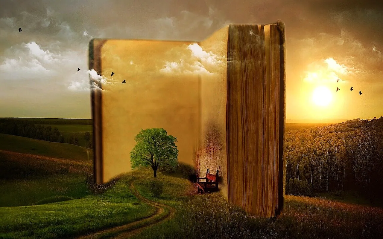Surreal illustration of a giant open book blended into a landscape, revealing a tree-lined path within its pages.