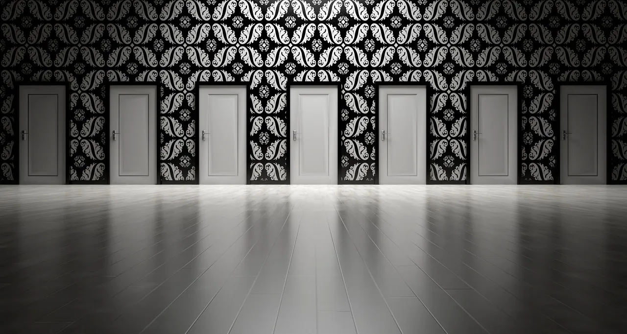 A row of identical white doors along a patterned wall, representing a set of choices.