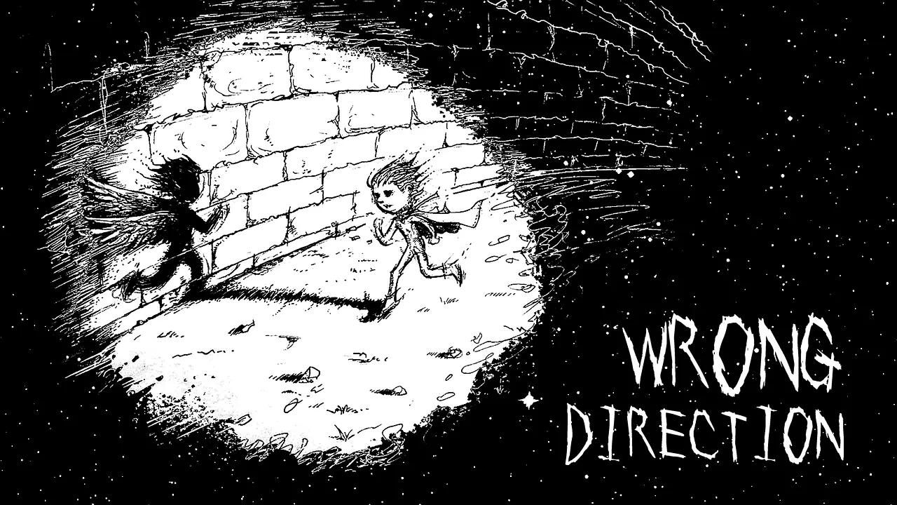 Illustration titled "Wrong Direction": a small figure fleeing a monstrous shadow down a brick alley.