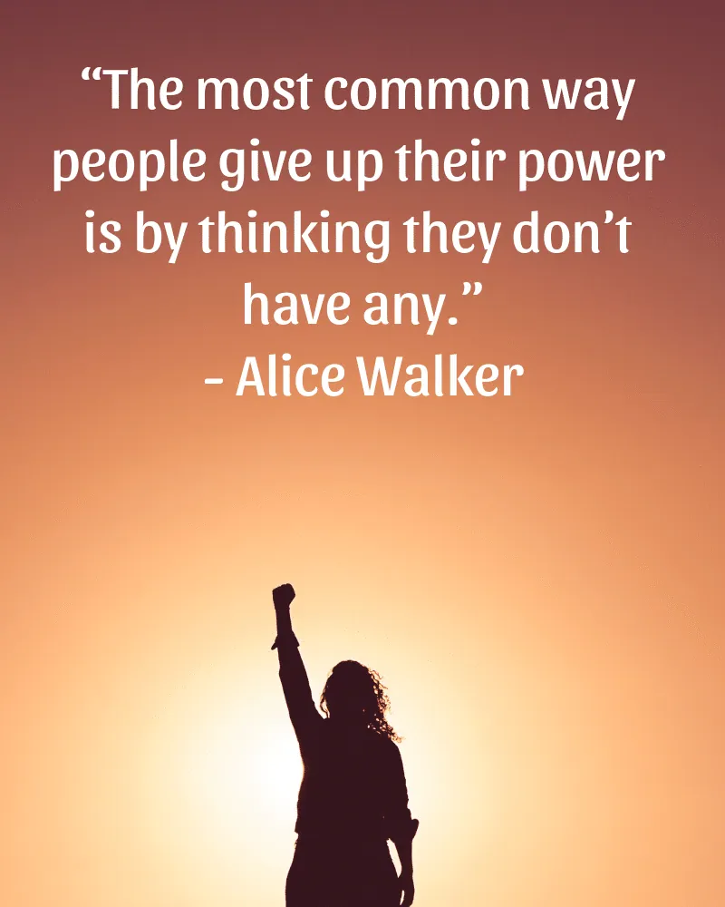 "The most common way people give up their power is by thinking they don't have any." —Alice Walker, over a silhouette raising a fist at sunset.