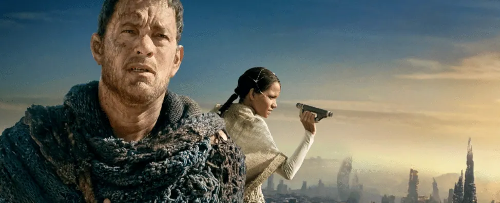 Film still from Cloud Atlas: a weathered man in tribal wool clothing in the foreground, with a woman using a handheld device behind him, overlooking a futuristic city.