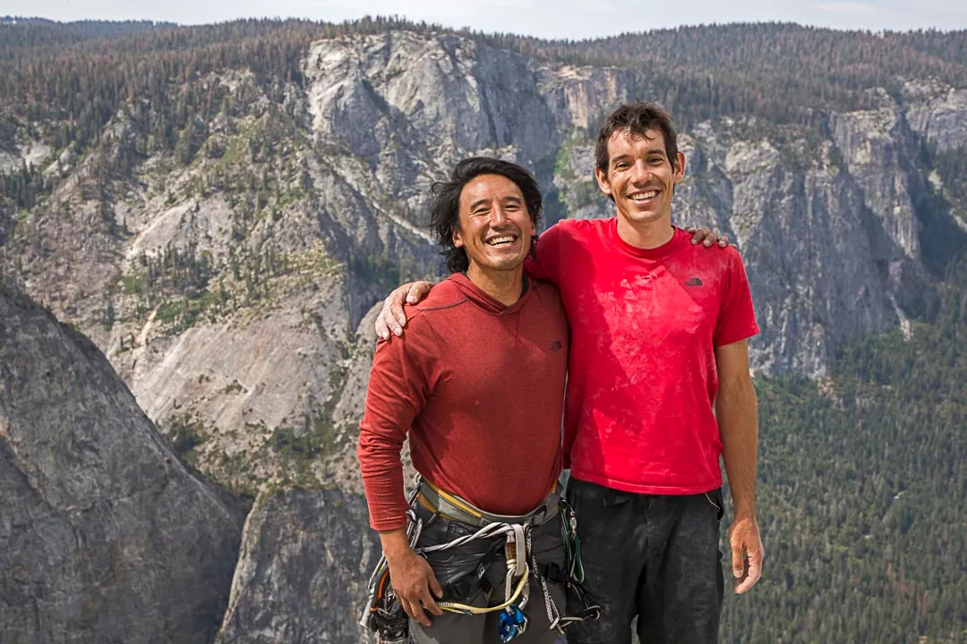 Jimmy Chin and Alex Honnold embracing atop the summit of El Capitan just after Alex's free solo climb of Freerider. (National Geographic/Samuel Crossley)
