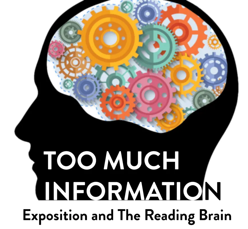 Illustration of a head in silhouette filled with colorful interlocking gears, titled 'Too Much Information: Exposition and the Reading Brain'.