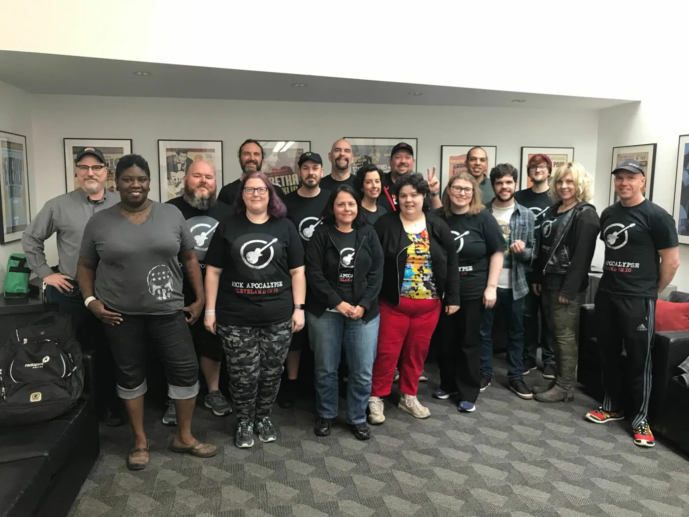 Group photo of Rock Apocalypse 2019 attendees in matching event t-shirts.