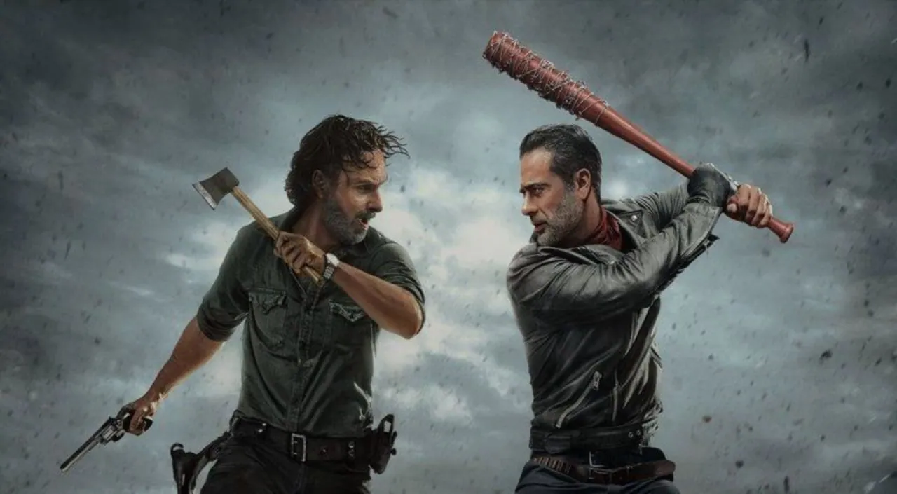The Walking Dead's Rick and Negan facing off in a tense standoff.