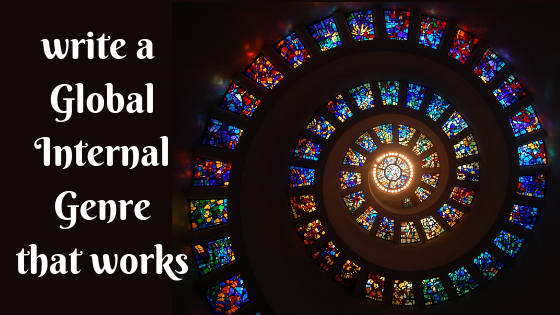 "Write a Global Internal Genre that Works", over a spiral stained-glass window.