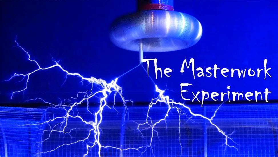A Tesla coil discharging bright lightning arcs, titled 'The Masterwork Experiment'.