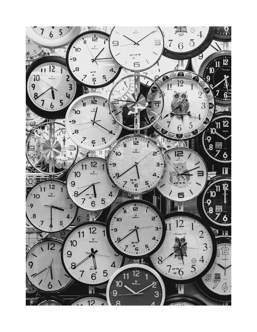 Several overlapping analog clock faces layered together, evoking multiple ticking deadlines in a story.
