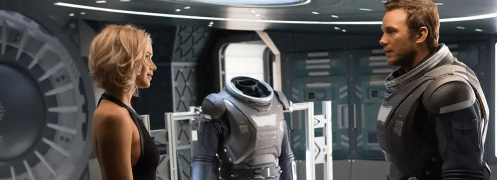 Film still from Passengers: Aurora and Jim face each other inside the spaceship, an empty spacesuit standing between them.