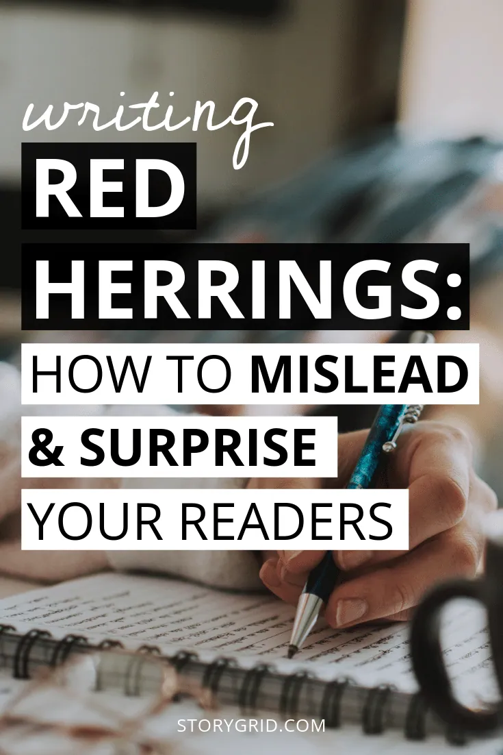 A red herring fish illustration crossed with a magnifying glass, symbolizing misleading clues in mystery writing.