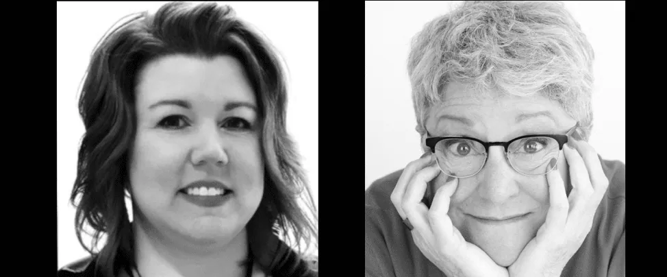 Two black-and-white headshot photos side by side of two women, hosts of the podcast episode on genre.