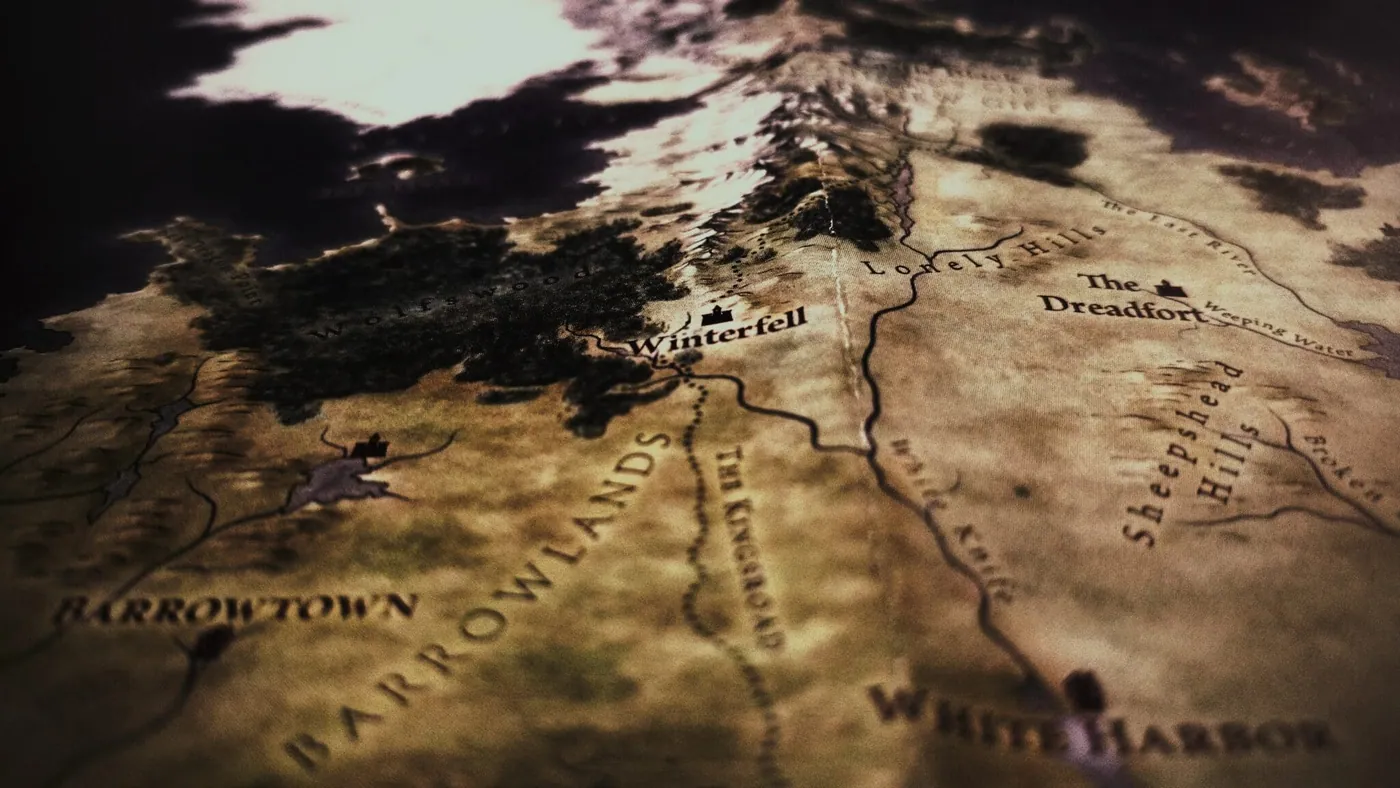A fantasy world map showing labeled locations including Winterfell, The Dreadfort, Barrowlands, Barrowtown, White Harbor, Sheepshead Hills, and Lonely Hills.