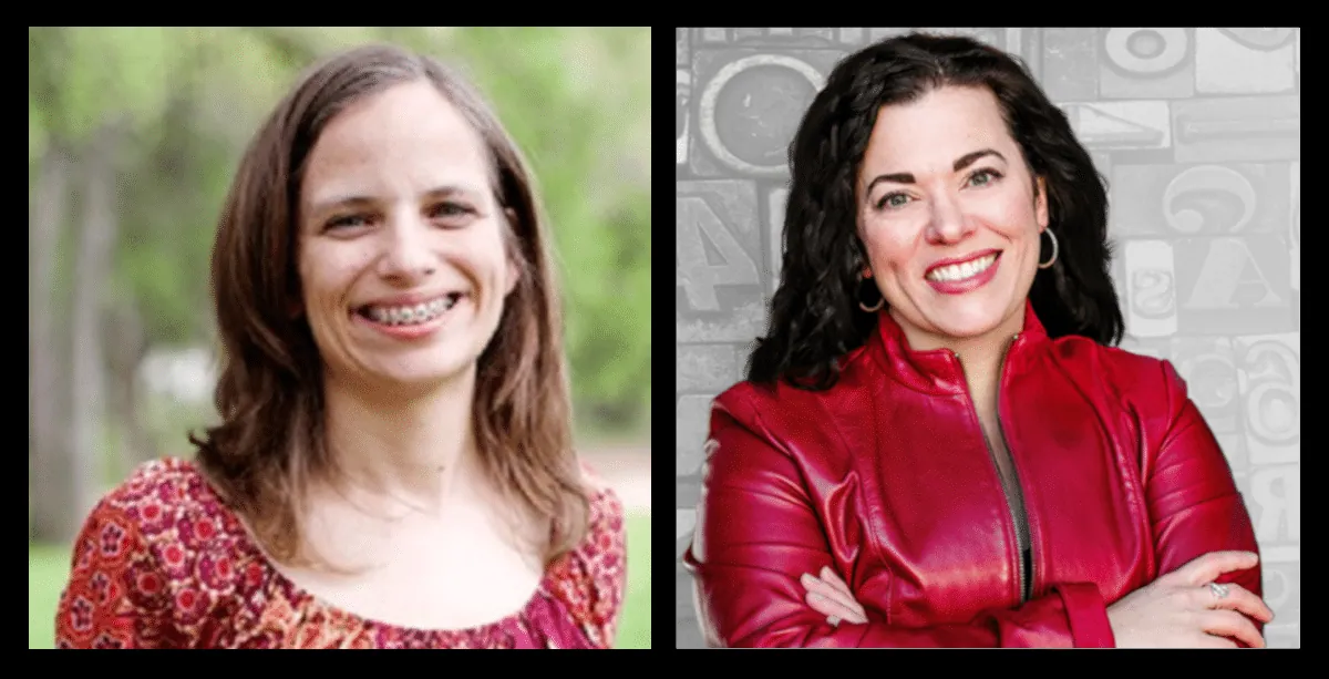 Two headshot photos side by side: Leslie Watts smiling outdoors, and Valerie Francis in a red leather jacket against a typewriter-key background.