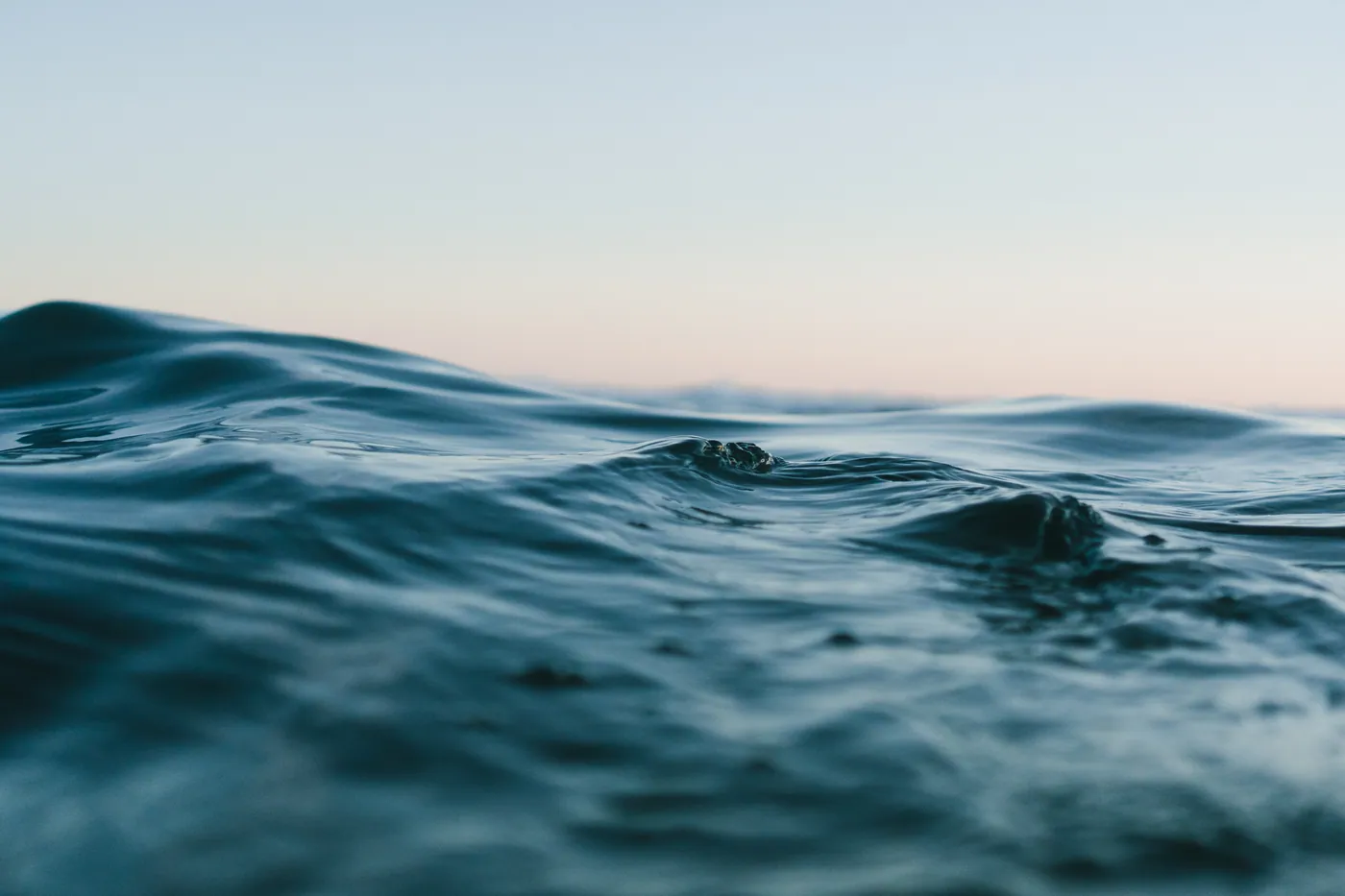 The ocean's surface at eye level with gentle waves, seen against a pale evening sky.