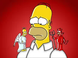Homer Simpson looking conflicted, with a small angel on one shoulder and a devil on the other.