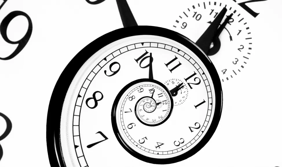 A stylized clock face spiraling inward into progressively smaller clocks, symbolizing time and memory.