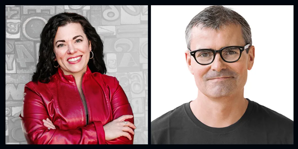 Two headshot photos side by side: Valerie Francis in a red leather jacket, and Shawn Coyne wearing glasses and a black shirt.