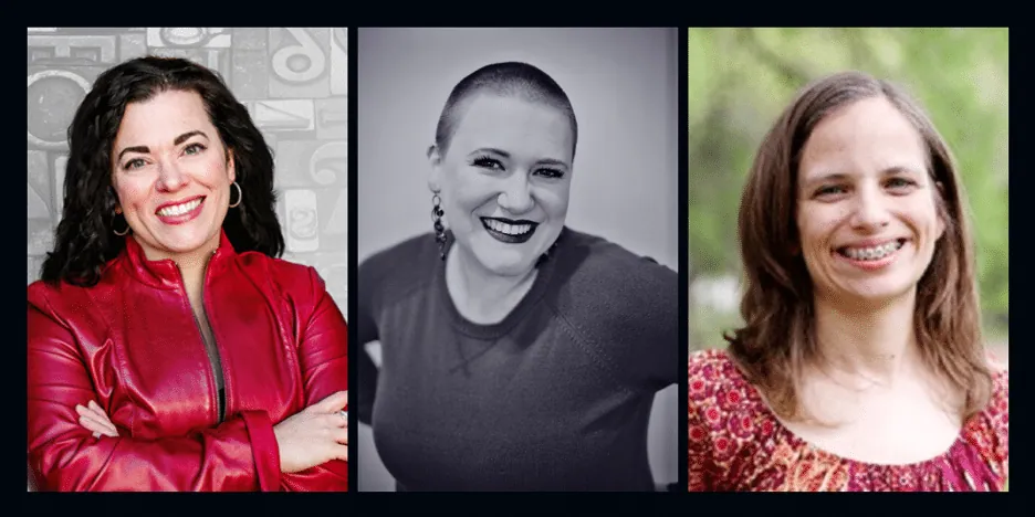 Three headshot photos side by side of podcast hosts Valerie Francis, Kim Kessler, and Leslie Watts.