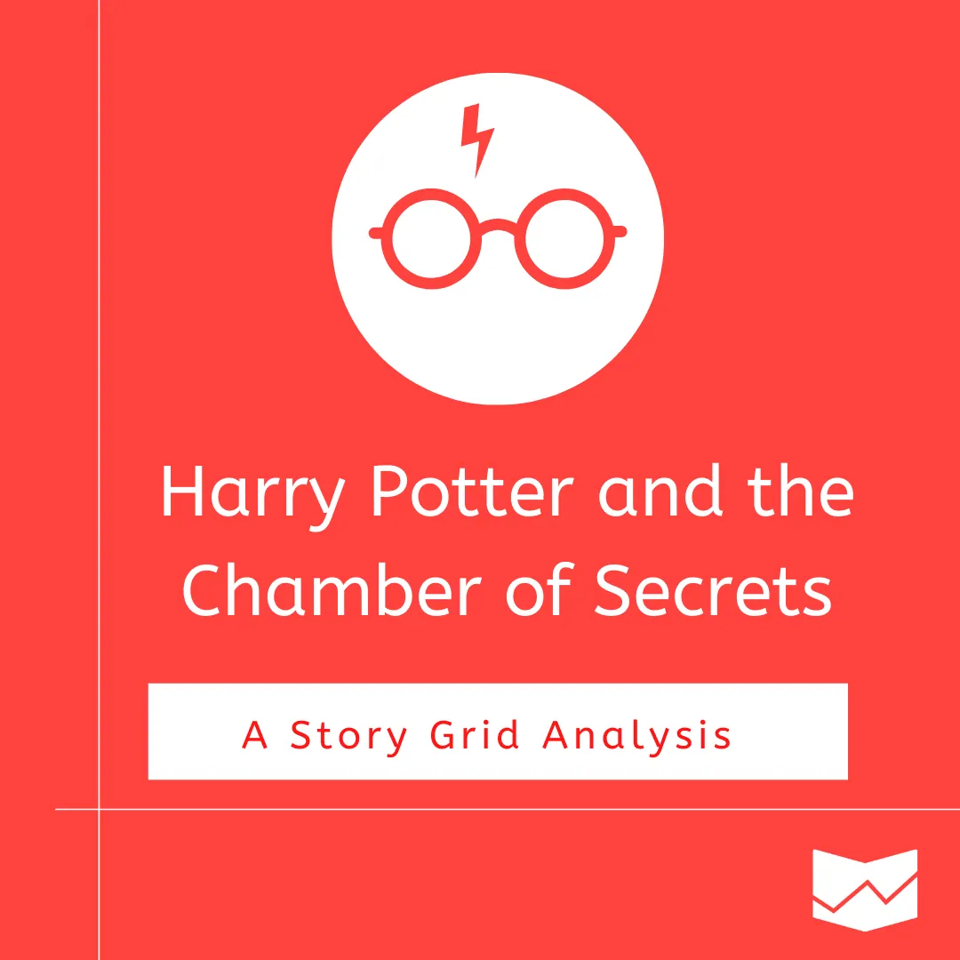 Title graphic 'Harry Potter and the Chamber of Secrets: A Story Grid Analysis,' with an icon of round glasses and a lightning bolt.