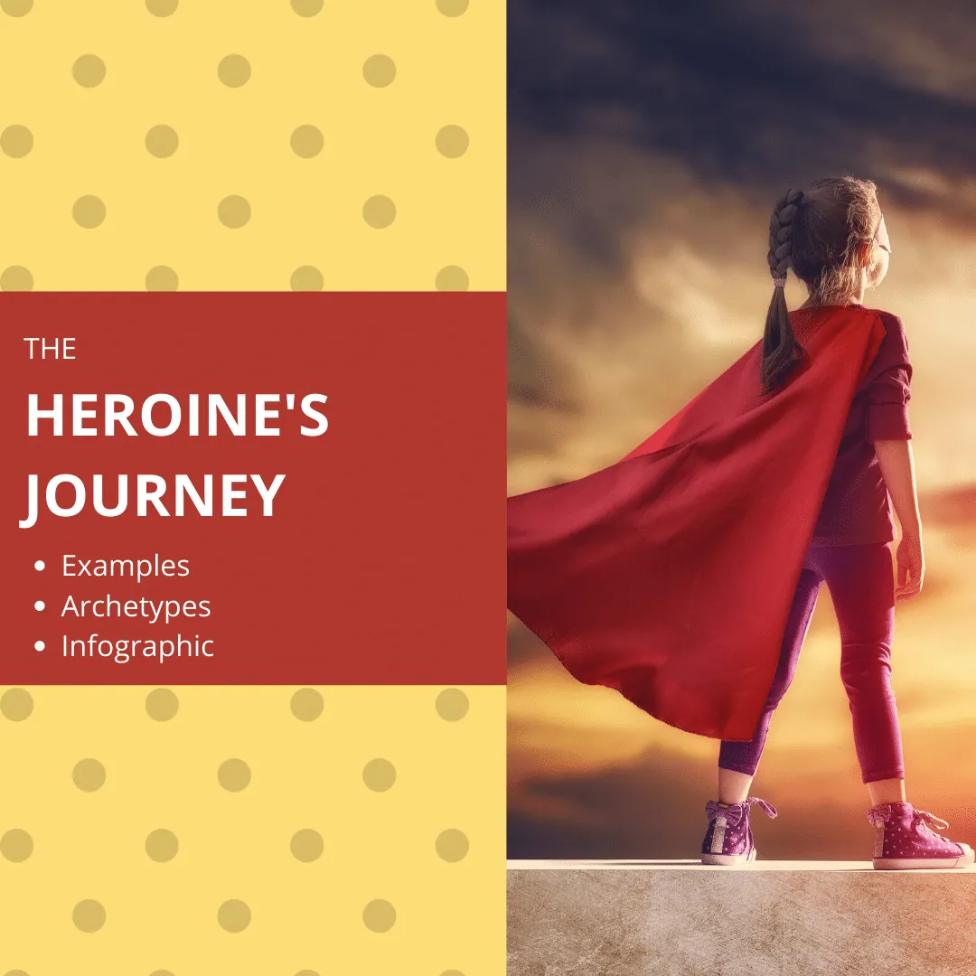 Title graphic 'The Heroine's Journey: Examples, Archetypes, Infographic,' beside a young girl in a red cape looking out at a stormy sky.