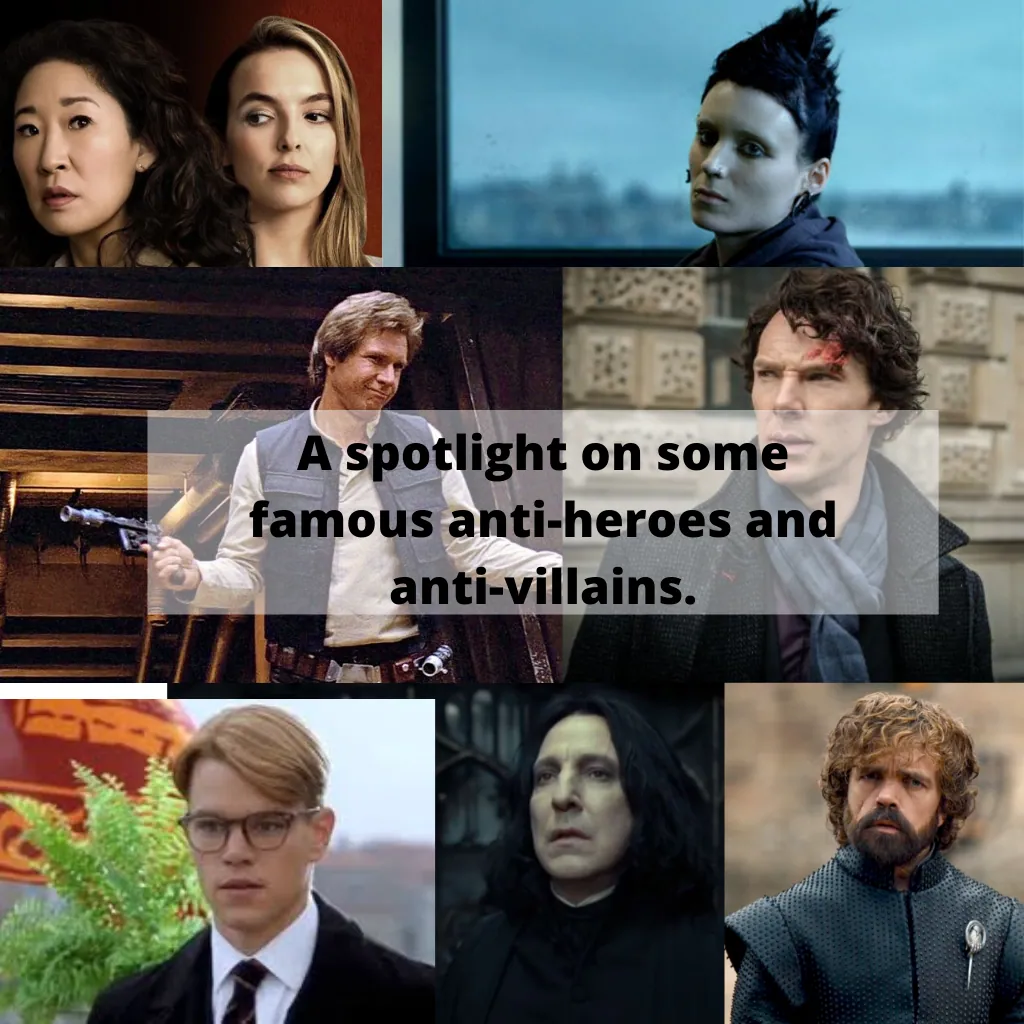 Collage of anti-hero and anti-villain characters from film and TV, captioned 'A spotlight on some famous anti-heroes and anti-villains.'