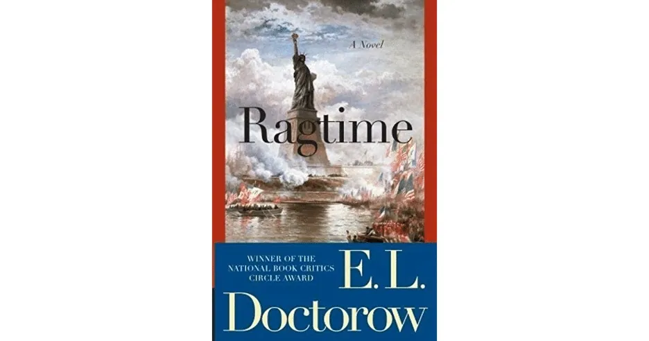 Cover of Ragtime by E.L. Doctorow, illustrated with a painting of the Statue of Liberty amid boats and fireworks.
