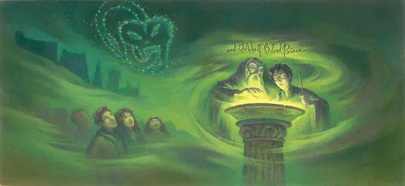Cover illustration for Harry Potter and the Half-Blood Prince: Dumbledore and Harry lean over a glowing stone basin as a ghostly green skull looms above.