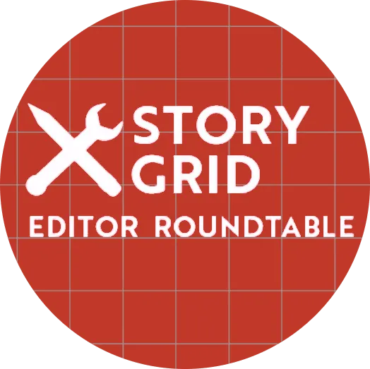 The Story Grid Editor Roundtable logo: a white wrench and screwdriver crossed over a red circle, with the podcast name below.