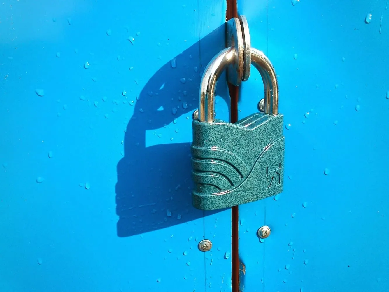 A blue padlock on a bright, rain-speckled door, illustrating "every lock can be picked—even the one around your story."