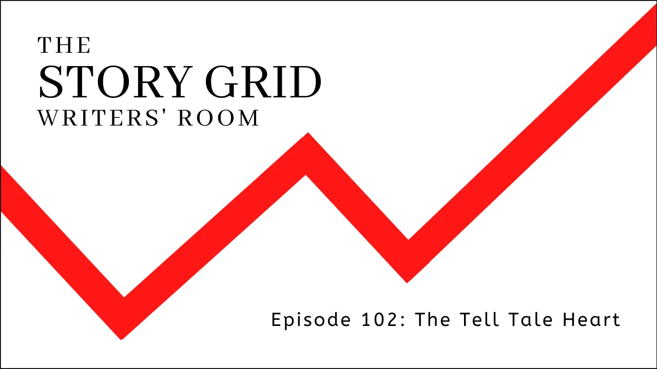 Title card for The Story Grid Writers' Room, Episode 102: The Tell-Tale Heart, with a red zigzag line graphic.
