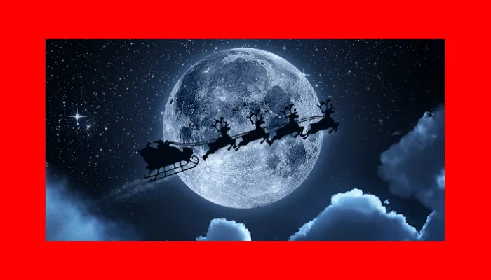 Santa's sleigh and reindeer silhouetted flying across a full moon on a starry night.