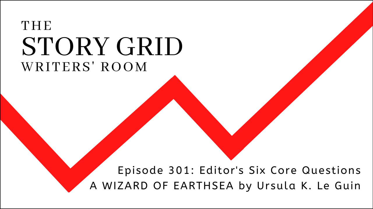 The Story Grid Writers’ Room title card for Episode 301, Editor’s Six Core Questions: A Wizard of Earthsea by Ursula K. Le Guin, over the red Story Grid zigzag.