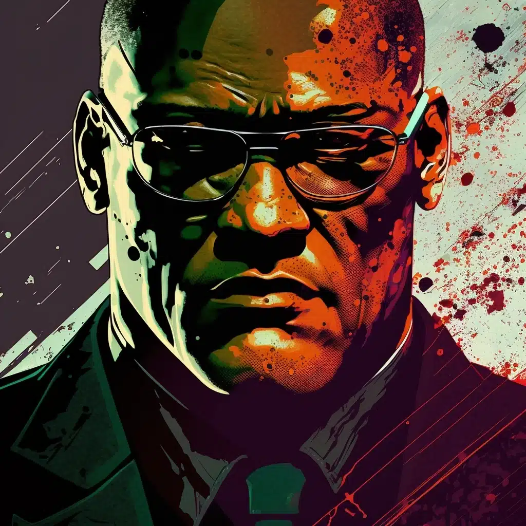Stylized illustrated portrait of a bald man in dark sunglasses and a suit, evoking Morpheus from The Matrix.